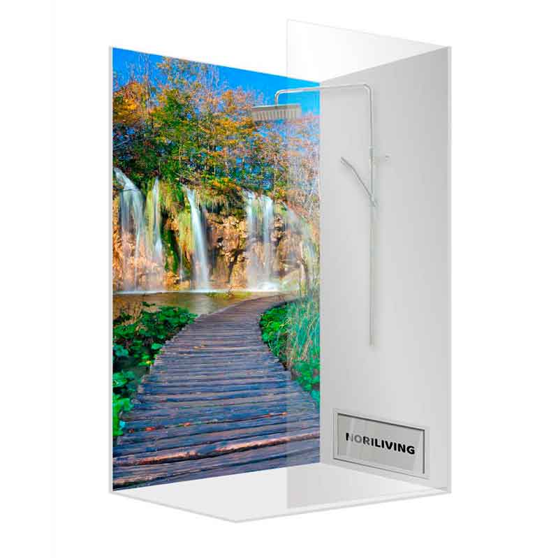 Duschkabine mit Naturmotiv und Wasserfall Duschkabine mit Bild eines Holzstegs und Wasserfalls im Wald