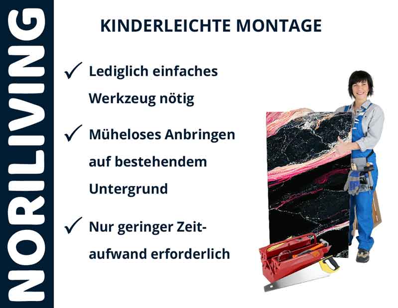 Frau hält eine große Fliese mit Werkzeugkasten, zeigt die einfache Installation mit NORILIVING Produkten