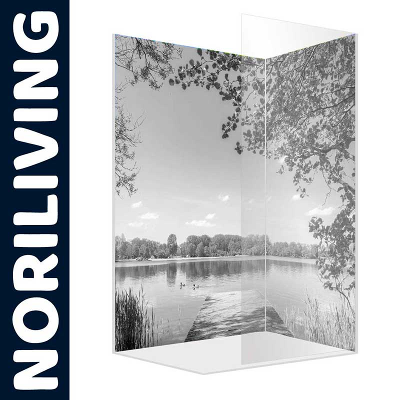 Noriliving Duschwand mit Naturmotiv Noriliving Duschwand mit bedrucktem See- und Waldmotiv in Schwarz-Weiß
