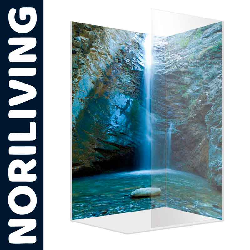 Glaswand mit Naturmotiv eines Wasserfalls von NORILIVING