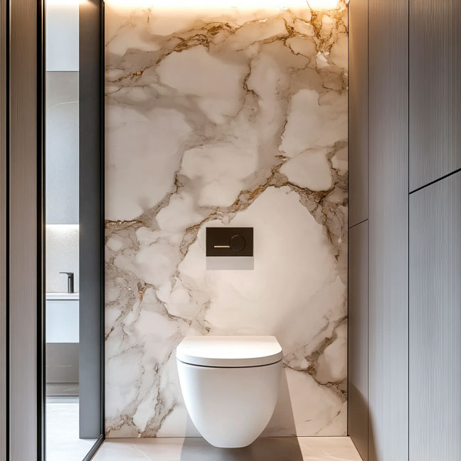 Toilette in einem modernen Badezimmer mit Marmorwand und indirekter Beleuchtung