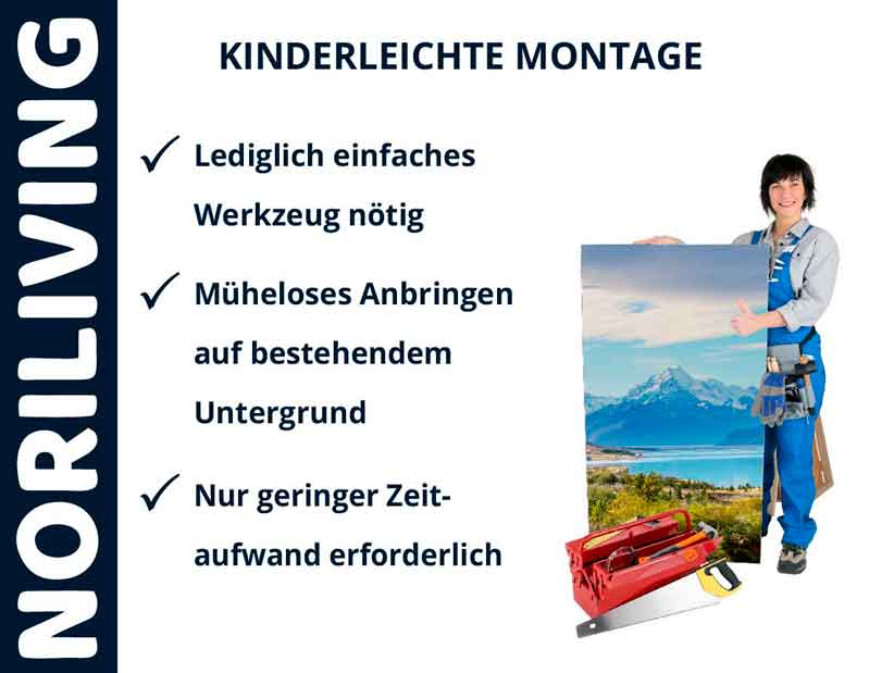 NORILIVING - Kinderleichte Montage ohne großen Aufwand Mann mit Bild und Werkzeug; kinderleichte Montage, einfaches Werkzeug, geringer Zeitaufwand, NORILIVING.