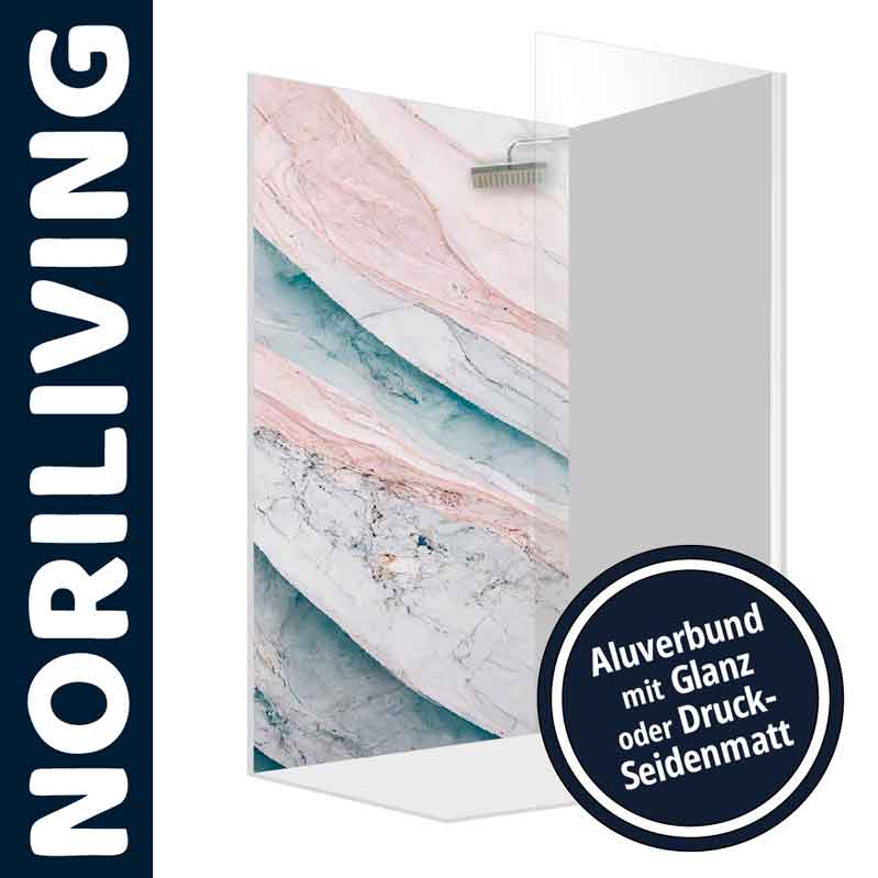 Duschabtrennung von NORILIVING mit Marmoroptik, erhältlich in Glanz oder Druck-Seidenmatt