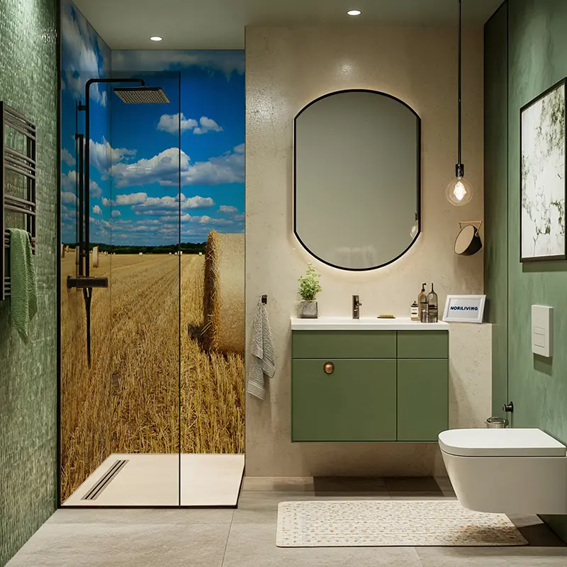 Grüner Waschtisch, Rundspiegel und Dusche mit Feldbild