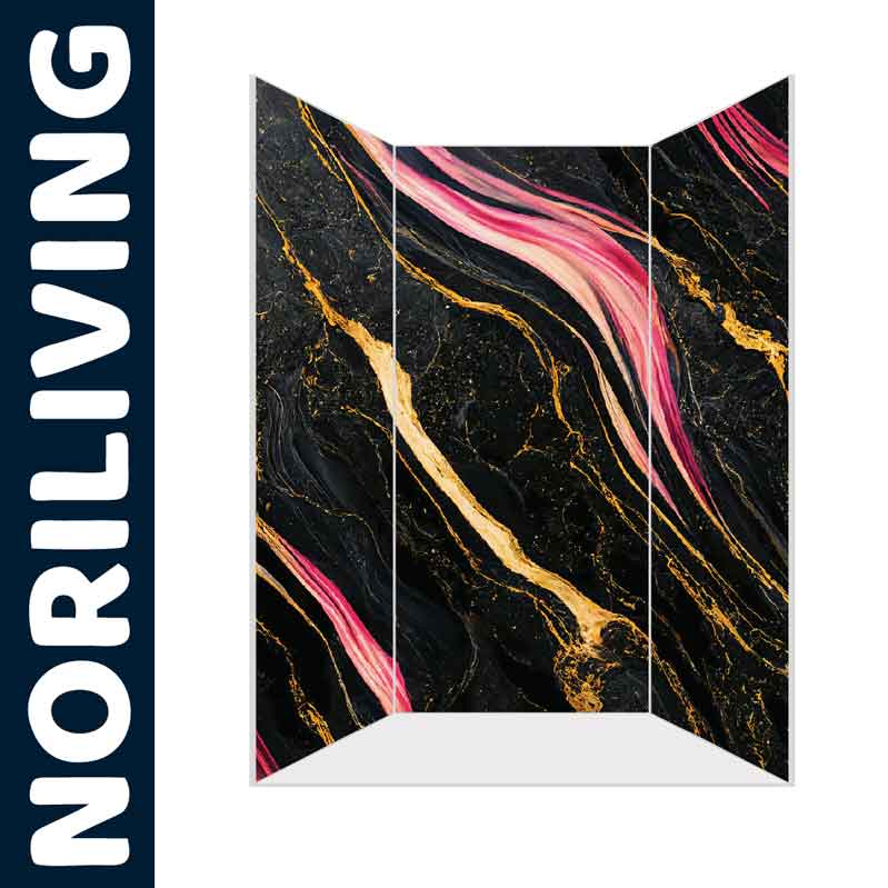 Paravent mit auffälligem schwarz-goldenem Muster und pinken Akzenten, von Noriliving