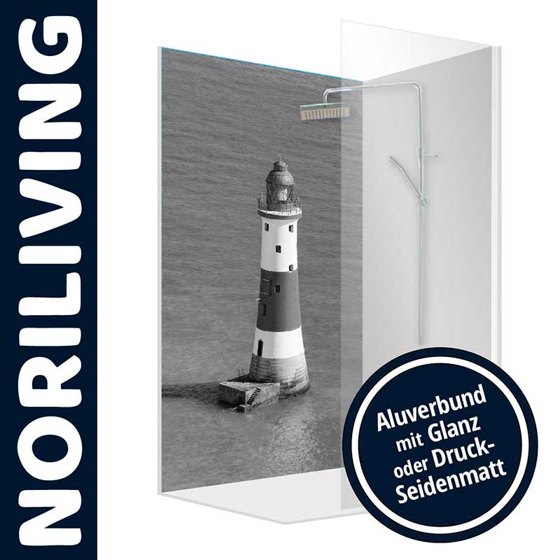 Duschwand von NORILIVING mit Leuchtturmmotiv, erhältlich in glänzendem oder seidenmattem Aluverbund