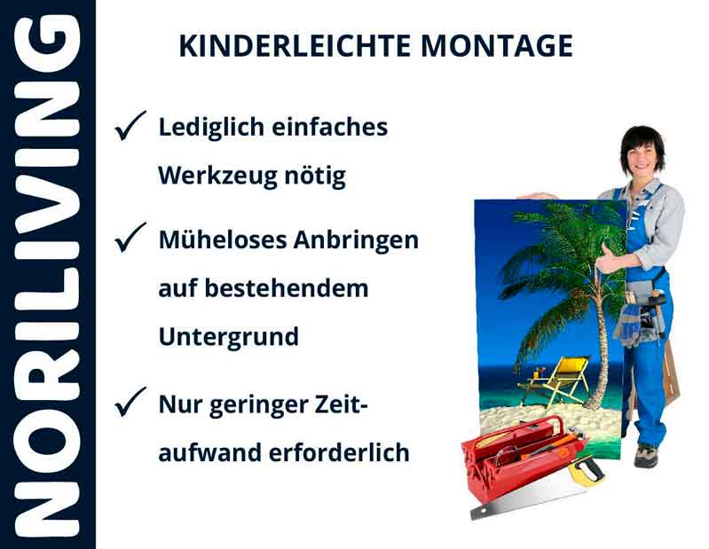 Einfacher Wandbehang mit kinderleichter Montage Person mit Wandbild und Werkzeugtasche steht neben Hinweisen zur leichten Montage