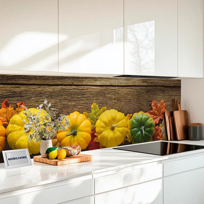 Küchenrückwand Echtglasoptik Profiline Herbstliche Kürbisse und Blätter auf Holzbrett 908