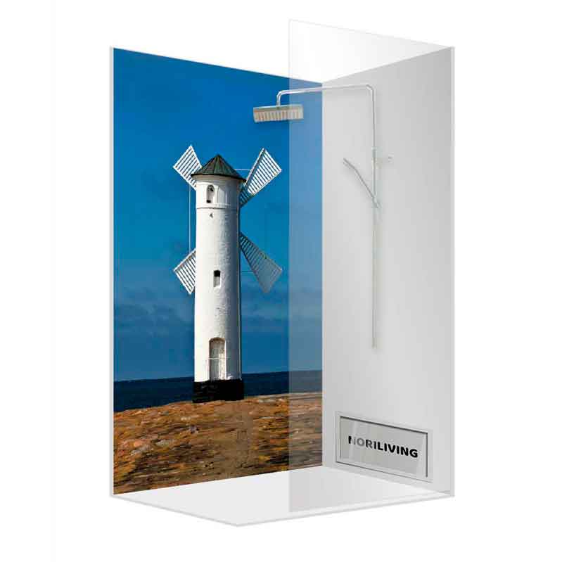 Duschwand von NORILIVING mit Windmühlen-Motiv vor blauem Himmel