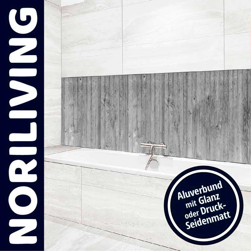 Elegante Badewannenverkleidung mit Holzdesign und Aluverbund-Oberfläche in Glanz oder Seidenmatt, präsentiert von Noriliving