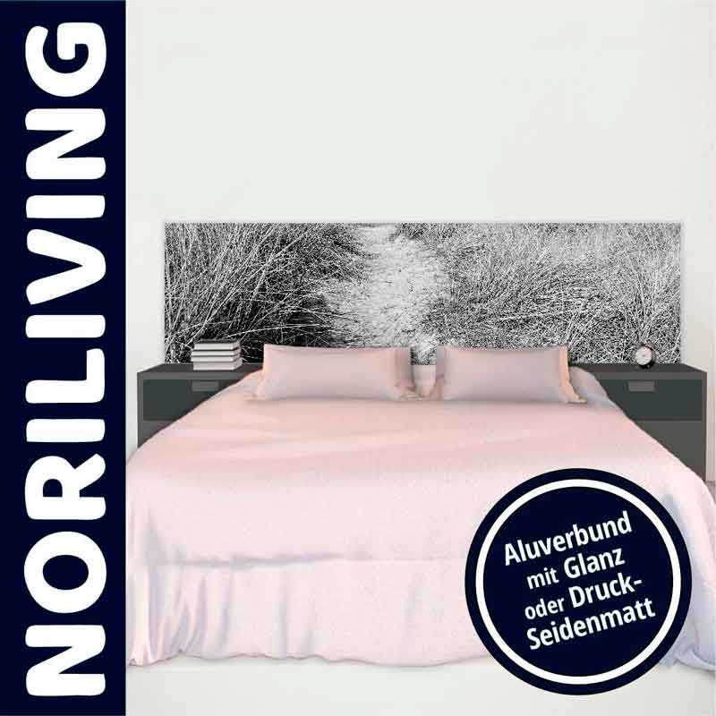 Schlafzimmer mit Doppelbett und Noriliving Wandbild im Alu-Verbund, Glanz oder Druck-Seidenmatt