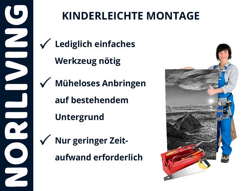 Werbung für NORILIVING: Einfache Montage mit geringem Werkzeug- und Zeitbedarf. Person trägt Montagekleidung und hält ein Wandbild mit Werkzeugkasten.