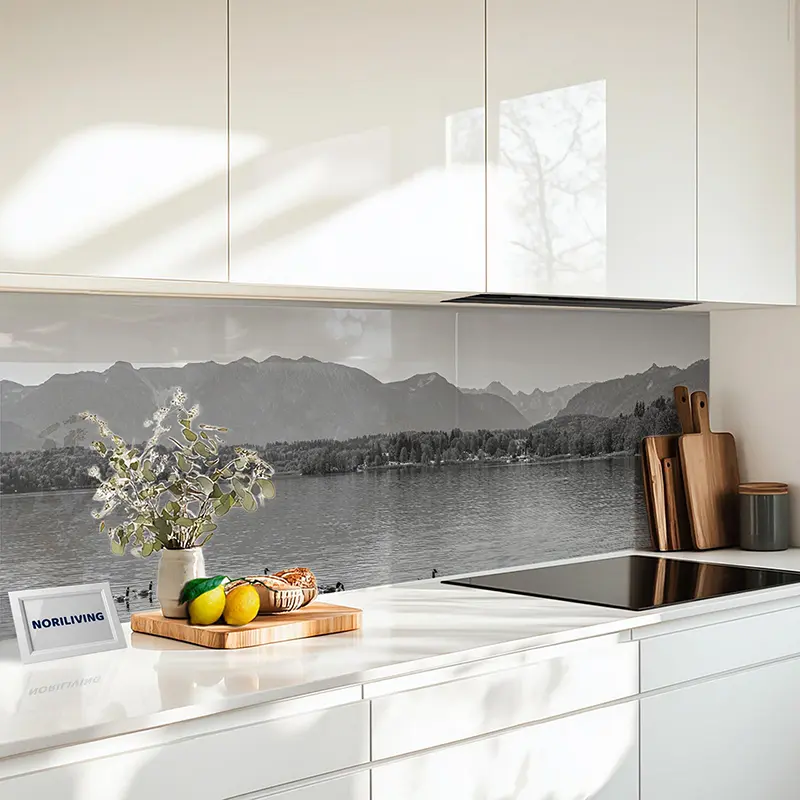 Küchenrückwand Echtglasoptik Profiline Alpenblick am Horizont und Enten auf dem See 734 schwarz-weiß