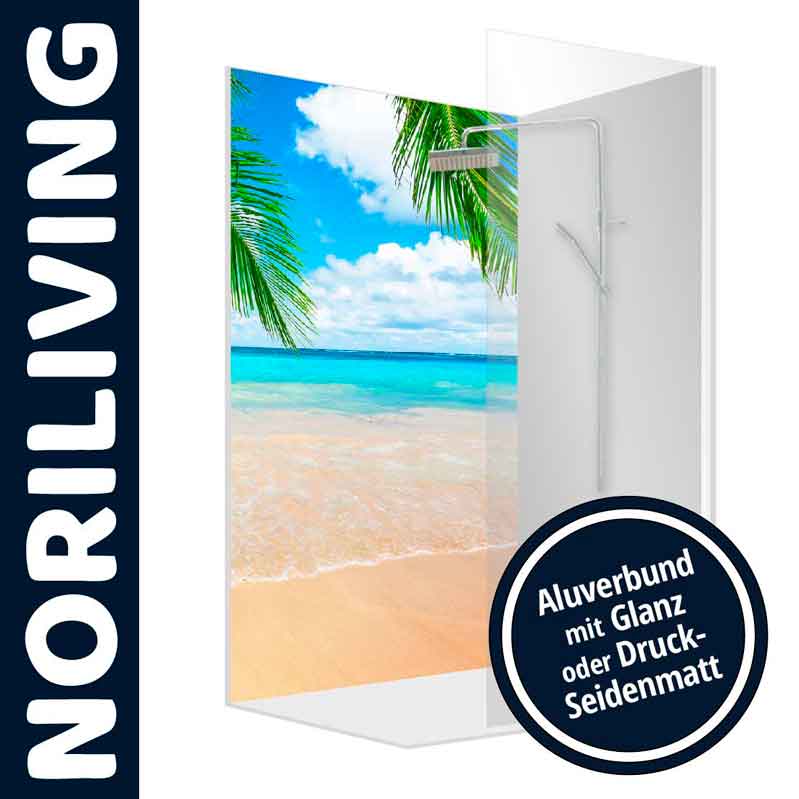 NORILIVING Duschwand mit tropischem Strandbild und Aluverbund in Glanz oder Druck-Seidenmatt