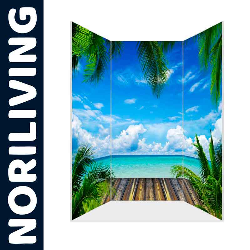 Dekorativer Paravent mit Strandmotiv von Noriliving Paravent mit tropischem Strand- und Palmenmotiv, markiert mit Noriliving-Logo
