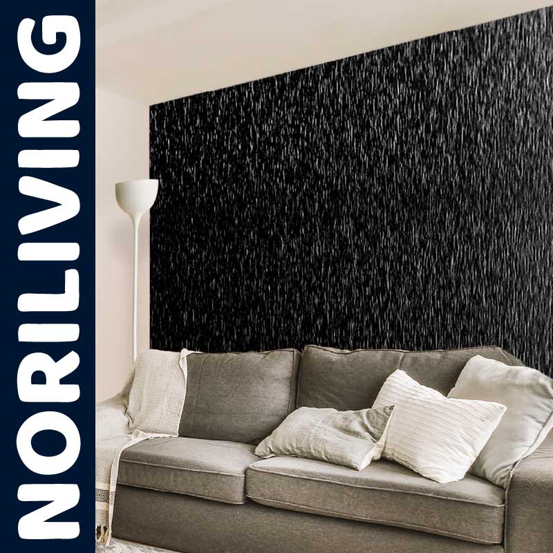 Ein modernes Wohnzimmer mit einem bequemen Sofa vor einer stilvollen, dunklen Wand von NORILIVING.