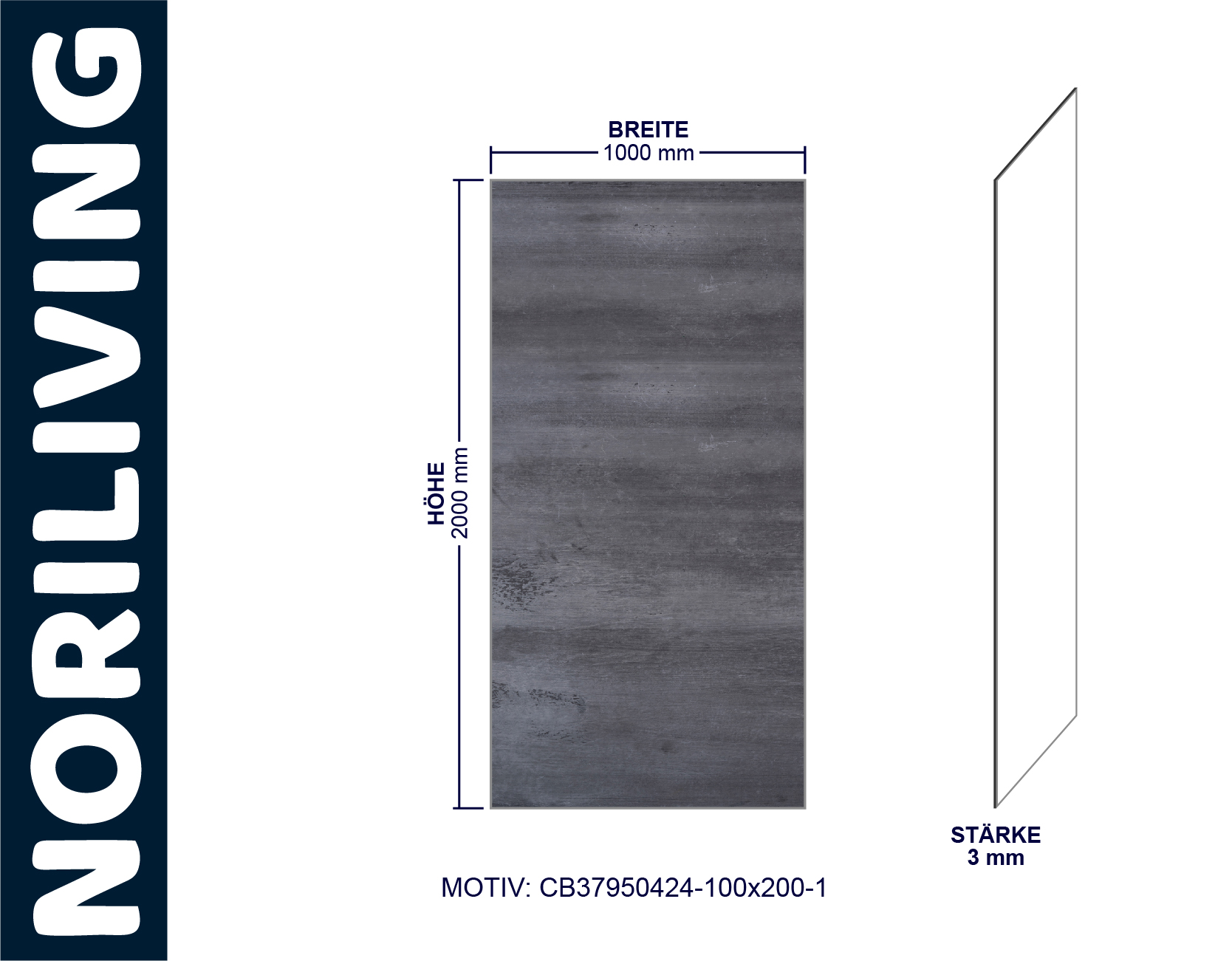Schwarzes Dekorpaneel von NORILIVING mit den Maßen 1000 mm Breite, 2000 mm Höhe und 3 mm Stärke