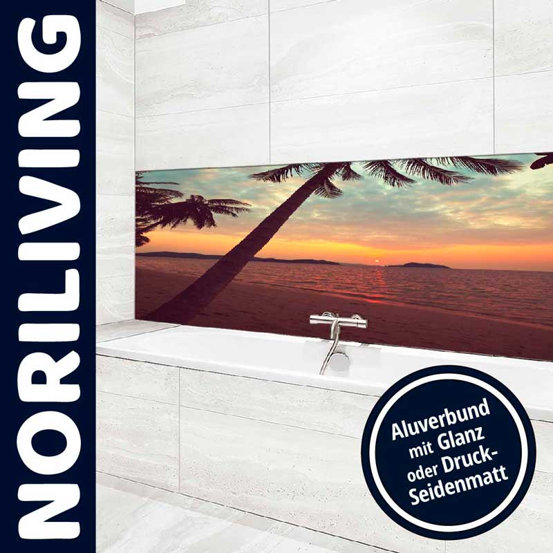 Elegante Badgestaltung mit Aluverbund und tropischem Sonnenuntergang