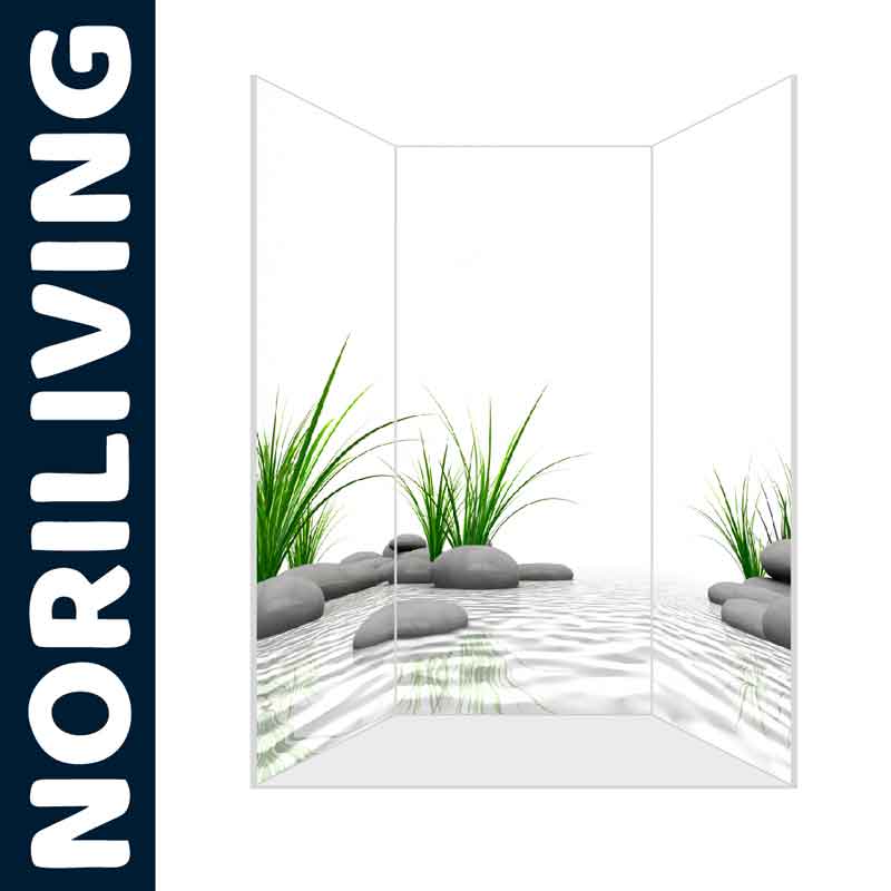 Duschabtrennung mit Naturmotiv und Zen-Steinen von NORILIVING Duschabtrennung von NORILIVING mit grünen Pflanzen und Zen-Steinen auf einer Wasseroberfläche