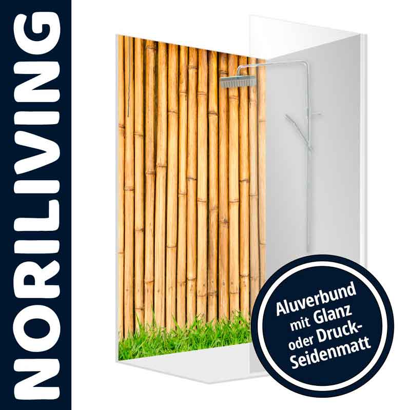 Duschwand aus Aluverbund mit Bambusmotiv, wahlweise in Glanz oder Druck-Seidenmatt, von NORILIVING