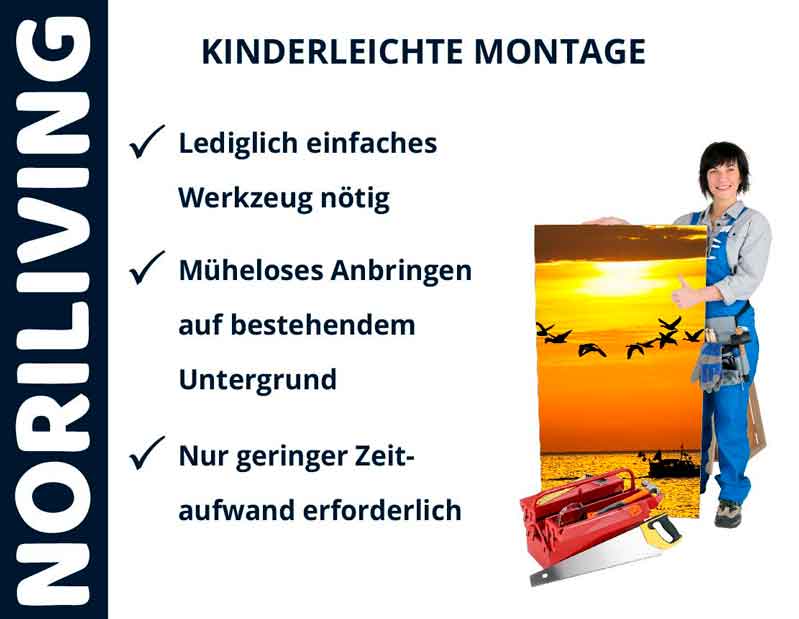 Noriliving einfach zu montierende Paneele - Einfaches Werkzeug, mühelose Anbringung, geringer Zeitaufwand. Handwerker mit Sonnenuntergangsbild.