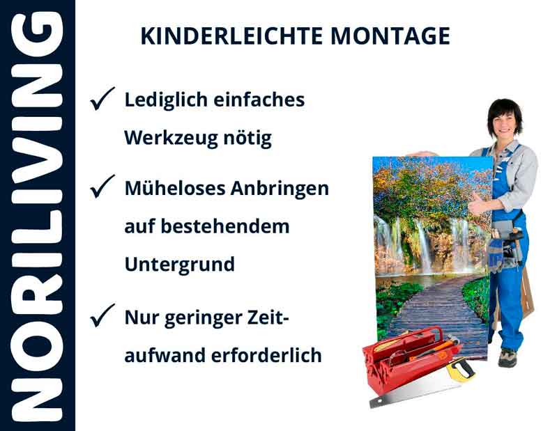 Mann zeigt NORILIVING Wanddekoration mit einfacher Montage und minimalem Zeitaufwand