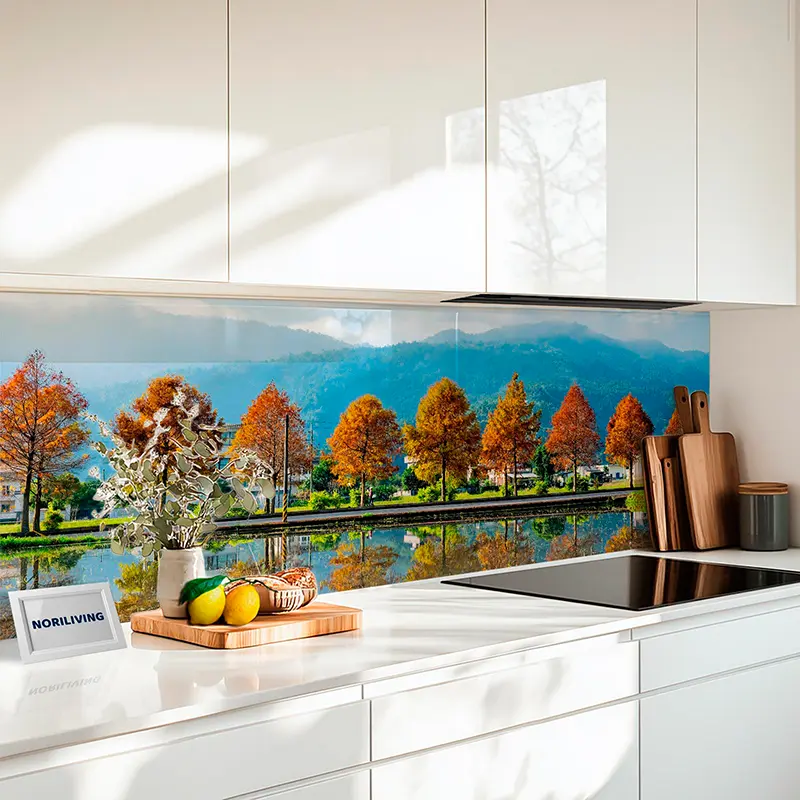 Küchenrückwand Alu Herbst-Spiegelung von Bäumen im Herbst vor den Bergen 882