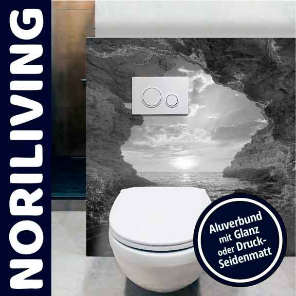 Modernes Badezimmer mit WC und stilvoller Aluverbund-Wandverkleidung im Felsenmotiv, angeboten von NORILIVING