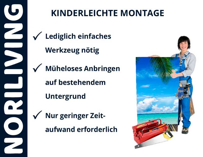 Person präsentiert einfache Montage für NoriLiving Produkte: Lediglich einfaches Werkzeug nötig, müheloses Anbringen auf bestehendem Untergrund und nur geringer Zeitaufwand erforderlich.