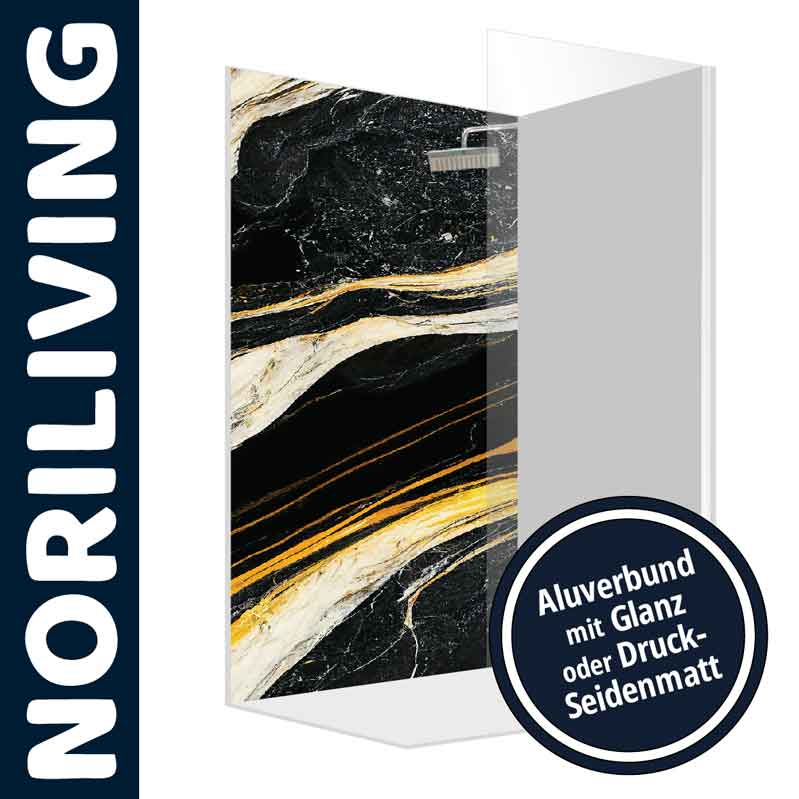 Duschwand mit schwarzem und goldfarbenem Marmor-Design von NORILIVING, erhältlich in Glanz oder Druck-Seidenmatt