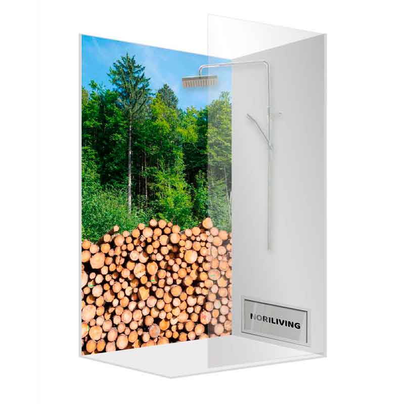 Moderne Duschwand mit Naturmotiv von Wald und Holzstapel