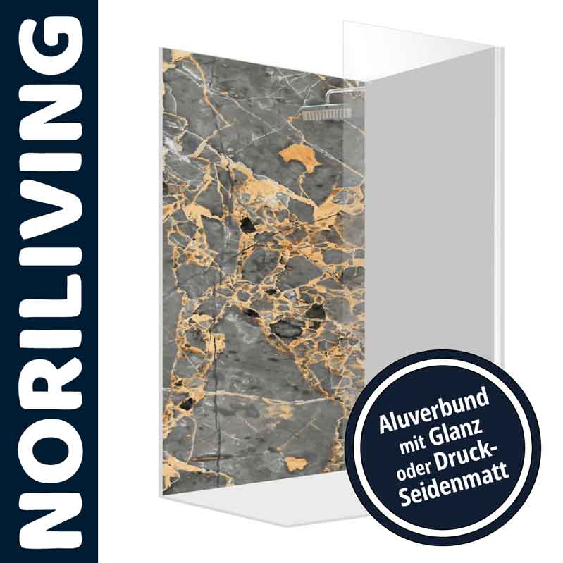 Duschwand mit eleganter Marmoroptik von Noriliving, erhältlich in glänzender oder seidenmatter Aluverbund-Ausführung