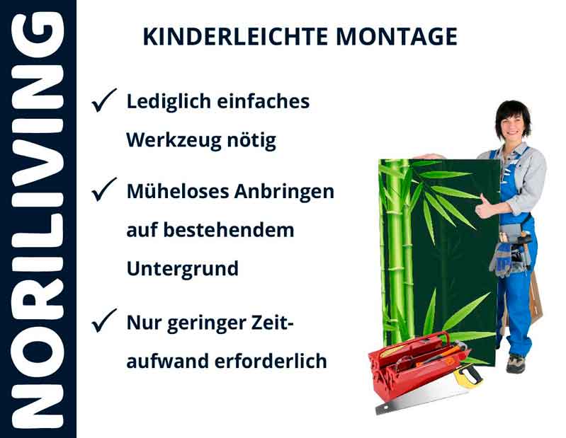 Person hält ein grünes Produkt mit Bambusmotiv, einfache Montage mit minimalem Aufwand hervorgehoben.