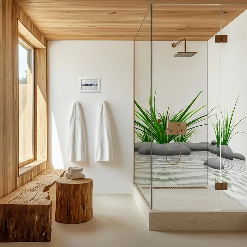 Helles Badezimmer mit Holzdetails, Glasduschkabine und Pflan