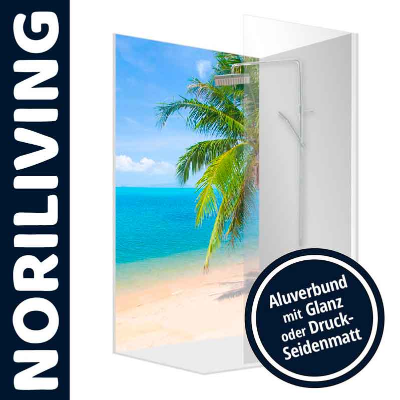 Duschwand mit tropischem Strandmotiv von Noriliving, erhältlich in Aluverbund mit Glanz oder Druck-Seidenmatt