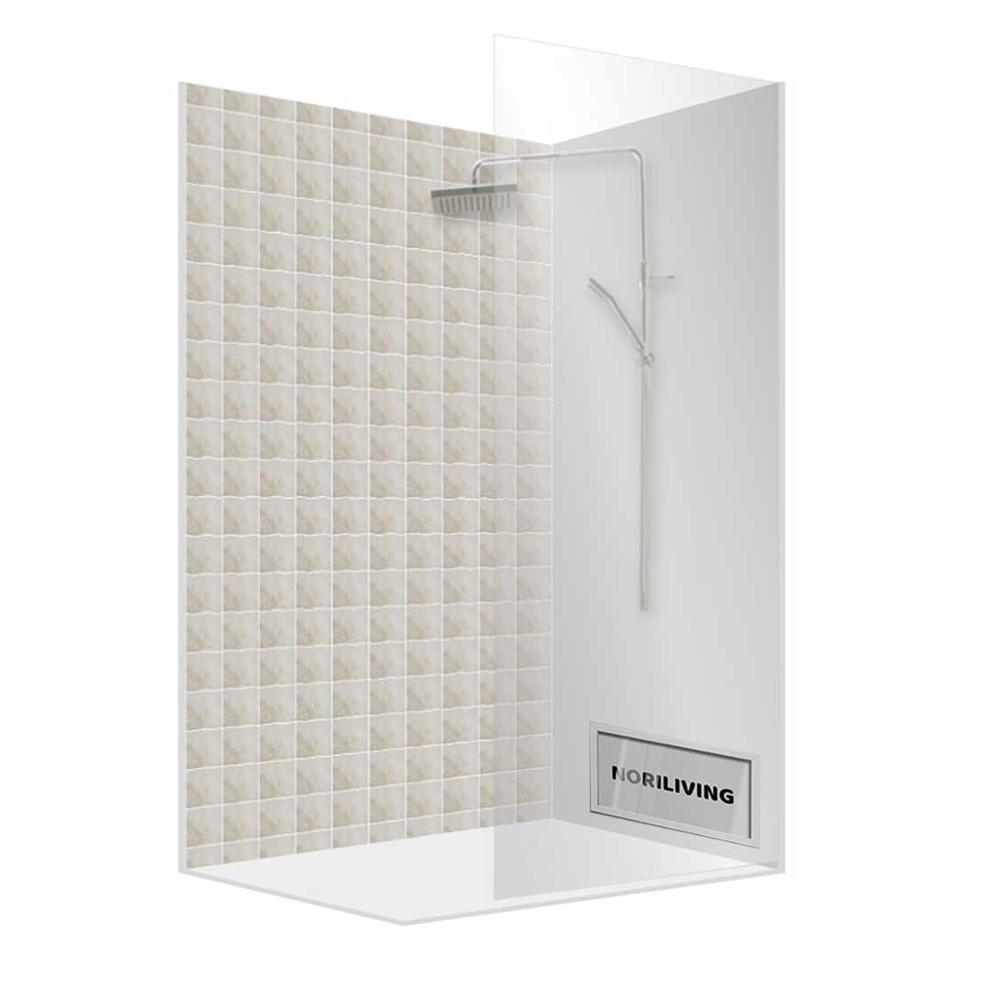 Moderne Duschabtrennung mit Glaswand und Regendusche Duschabtrennung mit Glaswand, gefliester Rückwand und Regendusche