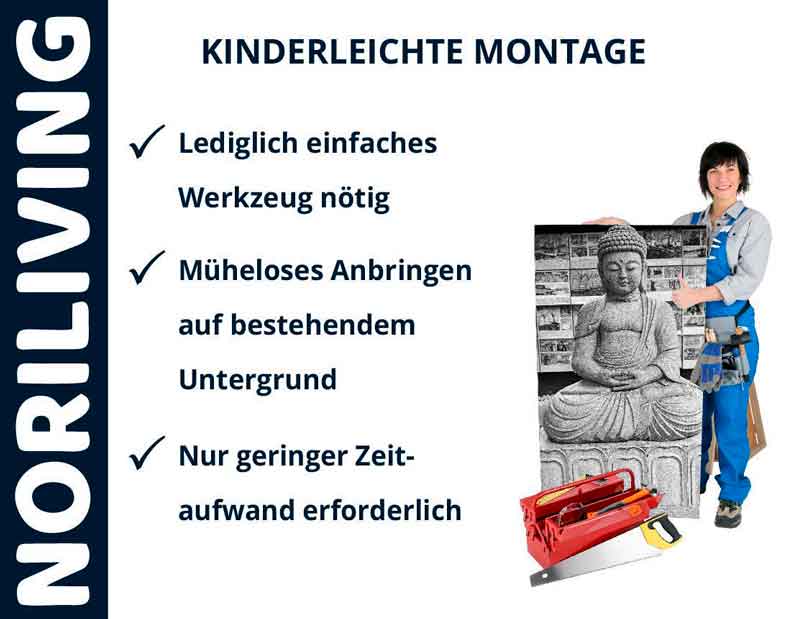 Mann präsentiert eine Buddha-Wanddekoration von Noriliving; einfache Montage mit minimalem Werkzeug und Aufwand