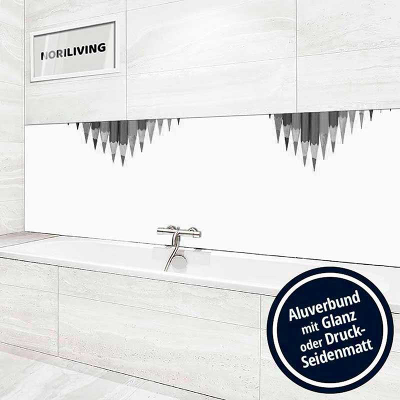 Moderne Badrückwand aus Aluminiumverbund mit glänzendem oder seidenmattem Finish und kreativem Bleistiftdruckmuster über einer Badewanne