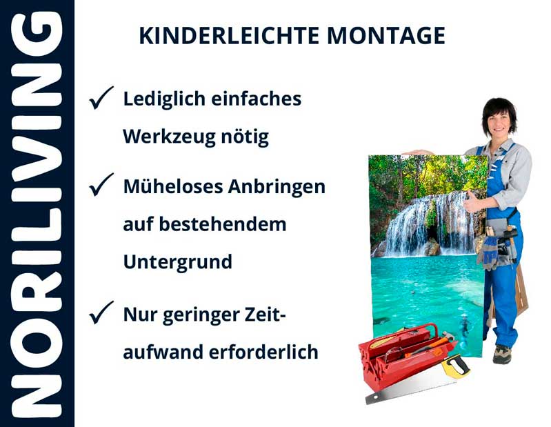 NORILIVING Montagehinweise: Einfaches Werkzeug, müheloses Anbringen, geringer Zeitaufwand. Person mit Wandbild und Werkzeugkoffer.