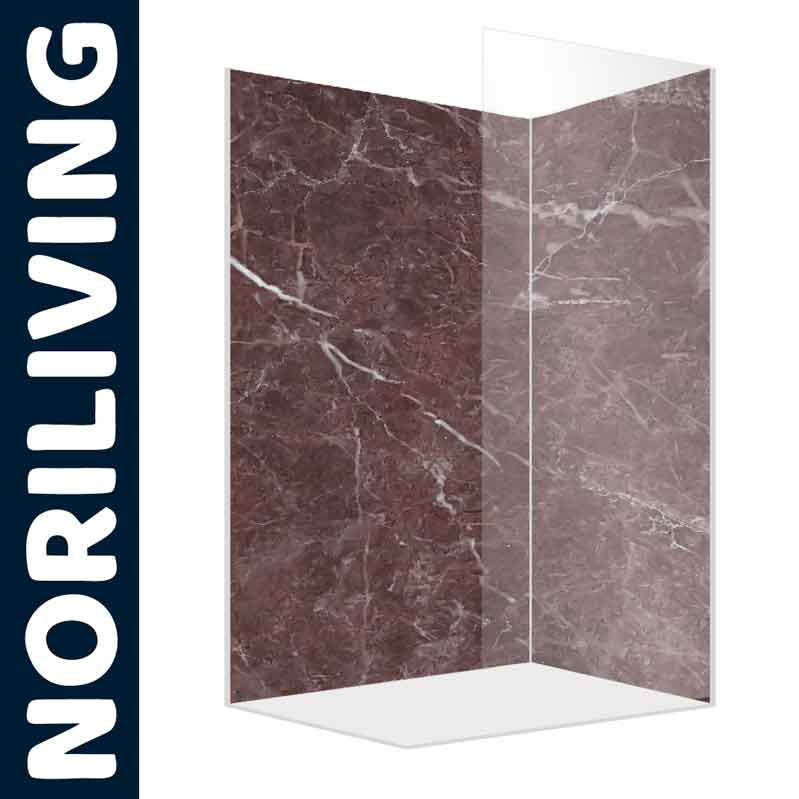 Marmoroptik-Duschwand mit rotem und weißem Muster von Noriliving