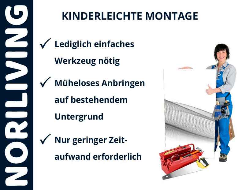 NORILIVING Anzeige: Einfache Montage nur mit Grundwerkzeug, mühelos und zeitarm durchführbar. Person hält eine Montageanleitung.