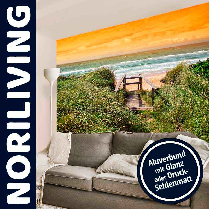 Wohnzimmer mit Wandtapete, die einen Strandweg zum Meer zeigt, kombiniert mit einem grauen Sofa und der Option Aluverbund mit Glanz oder Druck-Seidenmatt