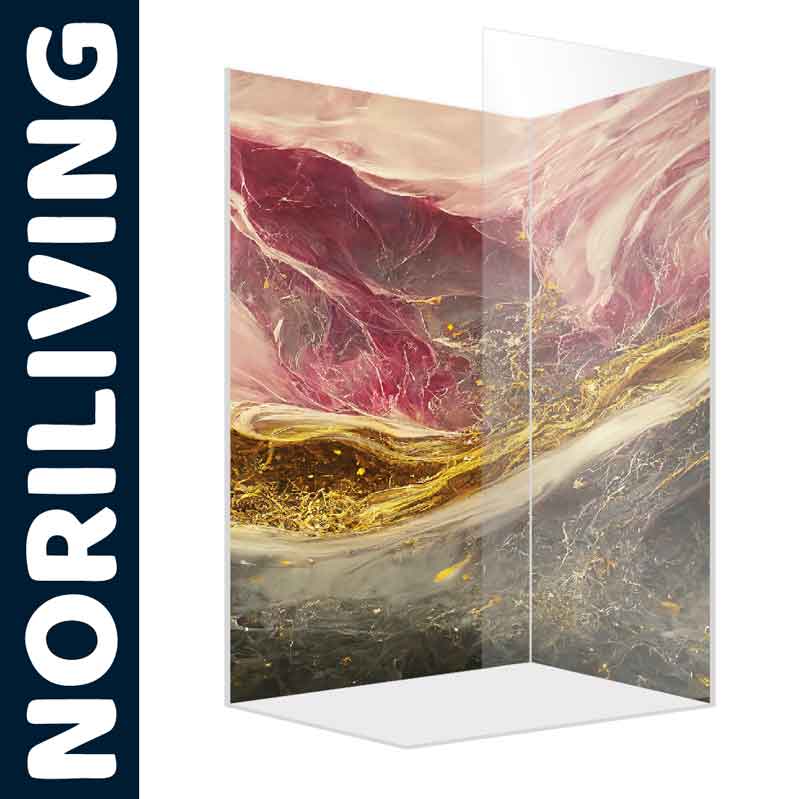 Zweiteilige Duschwand mit abstraktem Muster in Rosa und Gold, Marke NORILIVING
