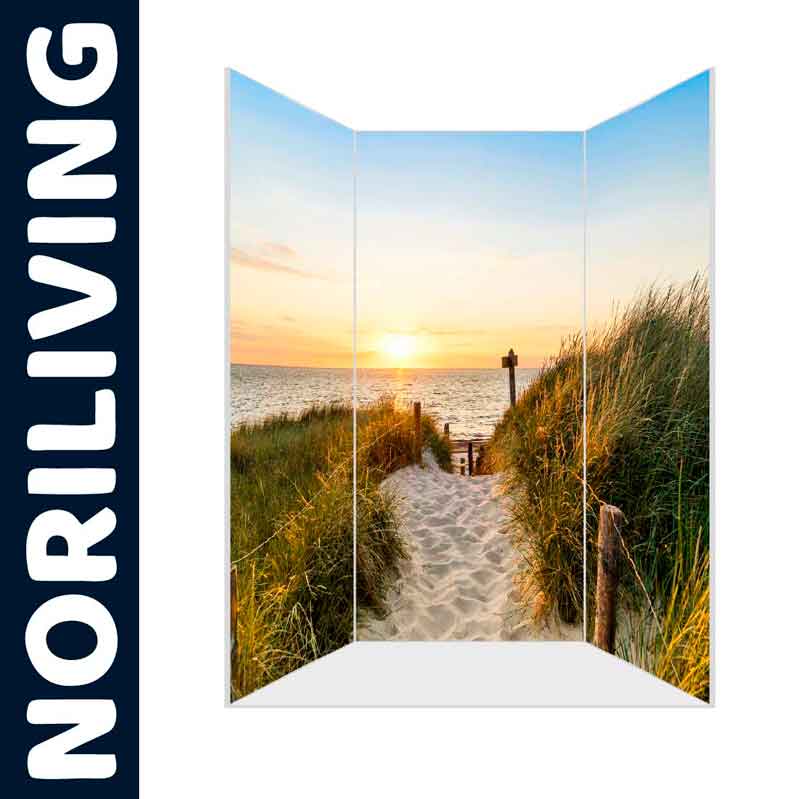 Paravent mit Strandmotiv und Sonnenuntergang - Dekorativer Raumteiler für Zuhause Paravent zeigt einen sandigen Strandweg mit Dünen am Meer bei Sonnenuntergang, ideal als dekorativer Raumteiler