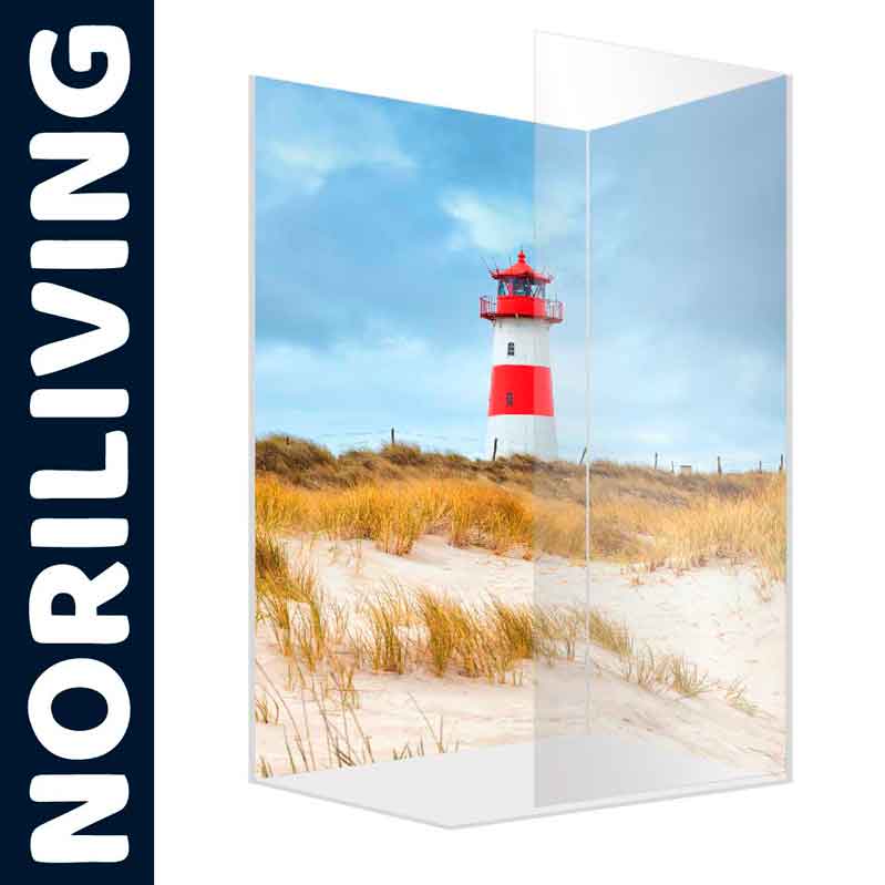 Bild einer Fototapete mit einem Leuchtturm und Dünenlandschaft, ideal für Wohnraumdekoration