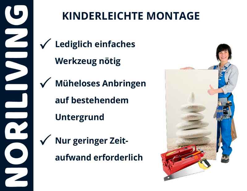 Person mit Werkzeug zeigt auf eine Leinwand, daneben Text über einfache Montage von NORILIVING