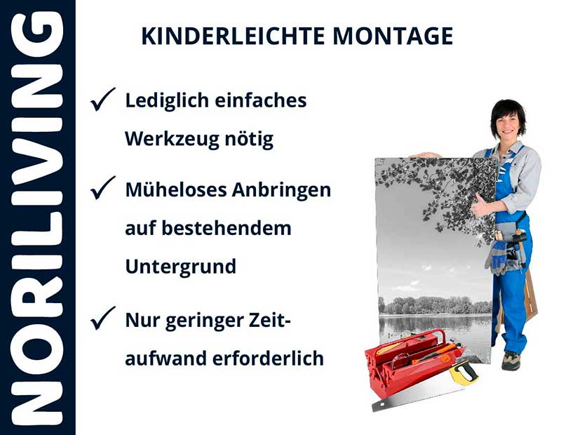 Noriliving: Kinderleichte Montage, müheloses Anbringen Werbung für Noriliving-Produkte mit einfacher Montage, eine Person hält ein Bild, daneben Werkzeuge