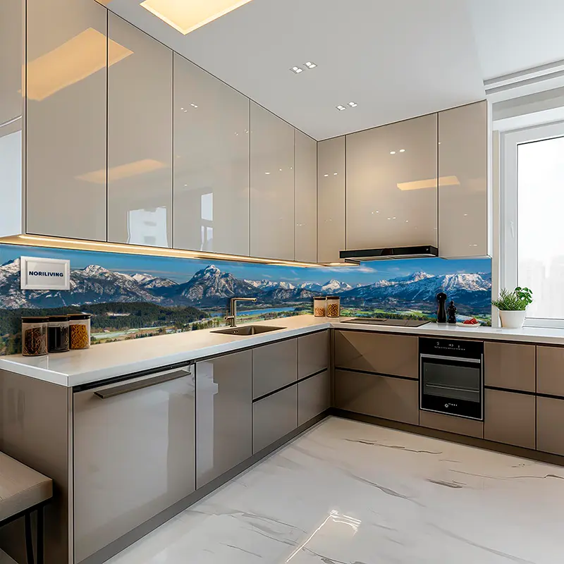 Helle Einbauküche mit Alpen-Motiv Glasrückwand
