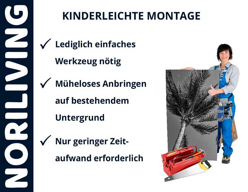 NORILIVING - Kinderleichte Montage: Einfaches Werkzeug, müheloses Anbringen, geringer Zeitaufwand Plakat von NORILIVING mit Montageanleitung: Einfaches Werkzeug nötig, müheloses Anbringen auf bestehendem Untergrund, geringer Zeitaufwand. Person mit großer Platte.