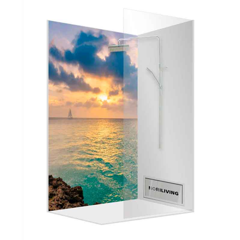 Duschwand mit beeindruckendem Meeresmotiv und Sonnenuntergang, ästhetische Badezimmereinrichtung